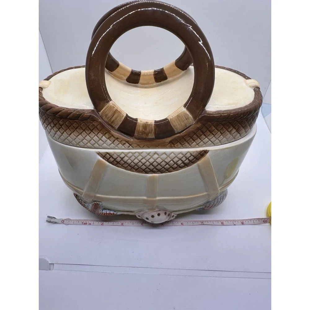 Vtg Ceramic Figural Beach Bag Shape Relief Shells 9.5‎ in Nautical Cookie Jar